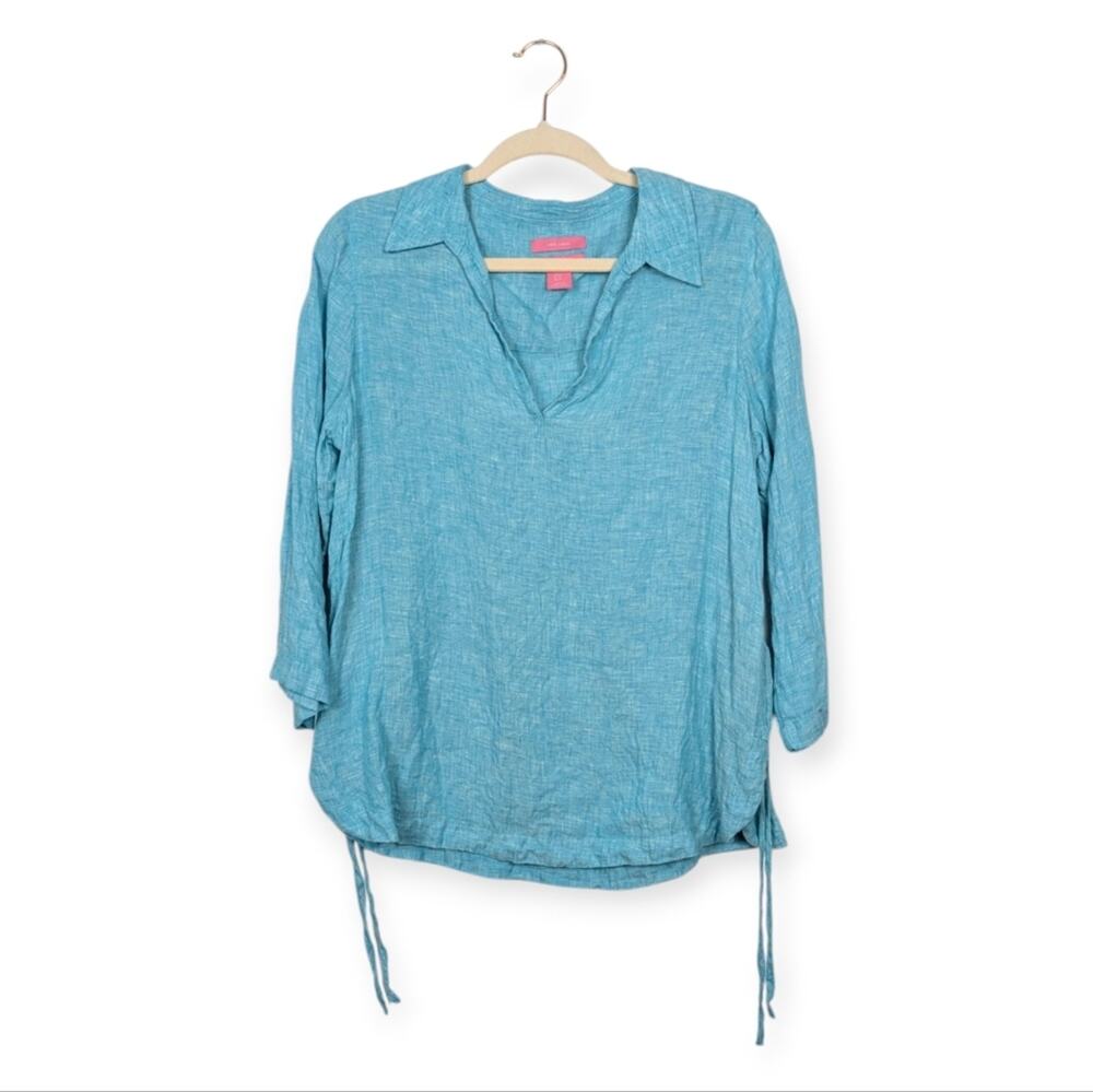 Isaac Mizrahi Linen Top M Blue Collared V Neck Pullover Lightweight Classic